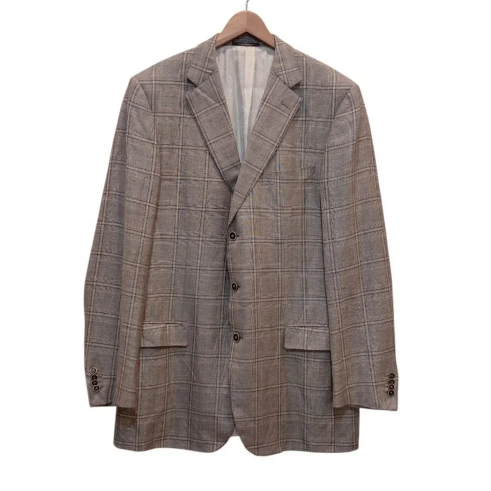 Baumans Ermenegildo Zegna Blazer Sport Coat 3-Button Linen Wool Checked‎ Blazer